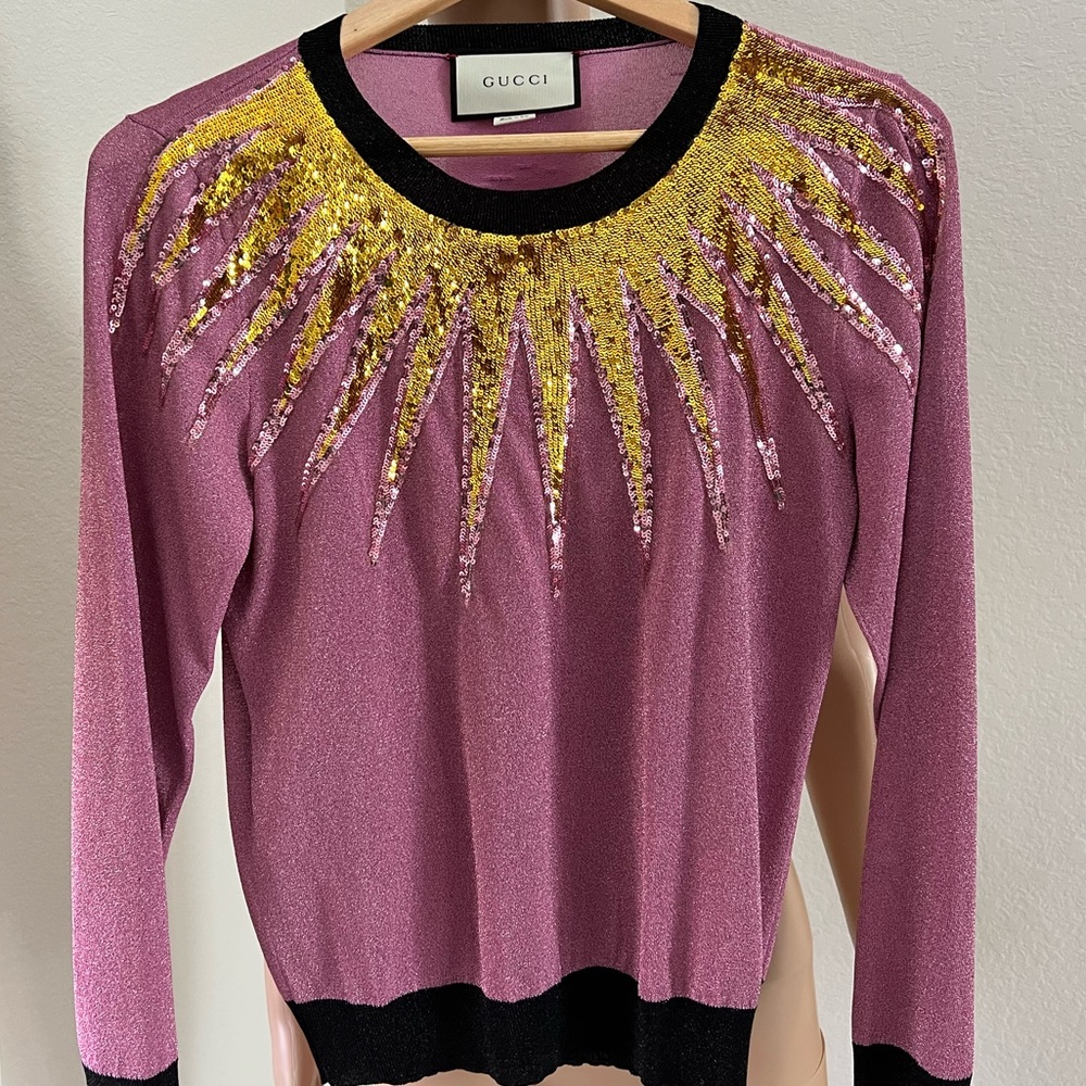 M Gucci Pink Metallic Shimmer Crew Neck Sequin Embellished